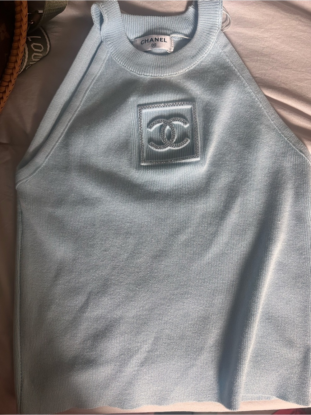 Sky Blue Knit Halter Tank with Embossed CC - Picture 2 of 5